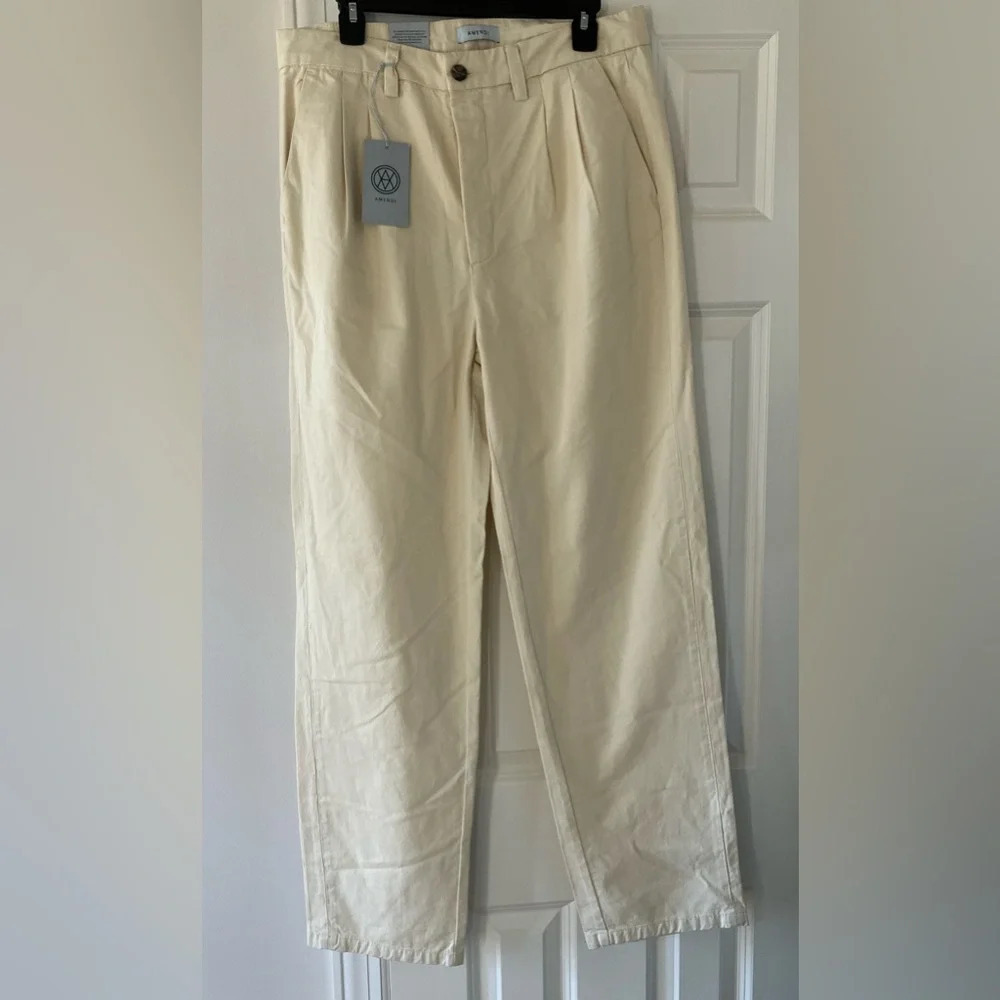 NWT Amendi Gunnar Organic Cotton  Beige Pleated Front Button Fly Men’s Pants 32